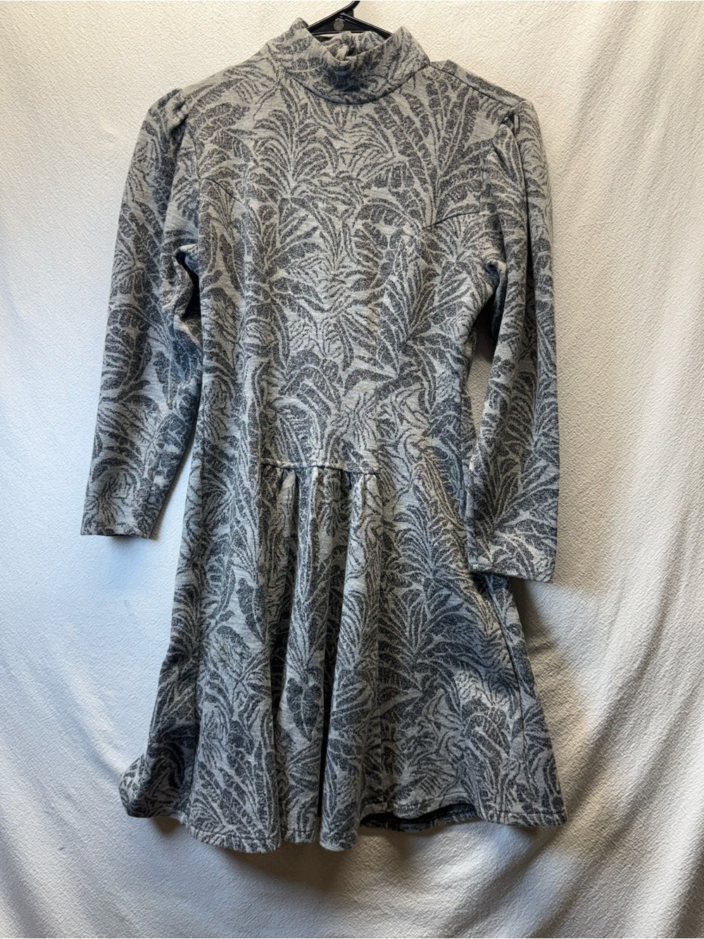 VTG Skater Pea Patch Marbled Grey Knit Fit & Flair Mini Dress Long Slv Mock Neck